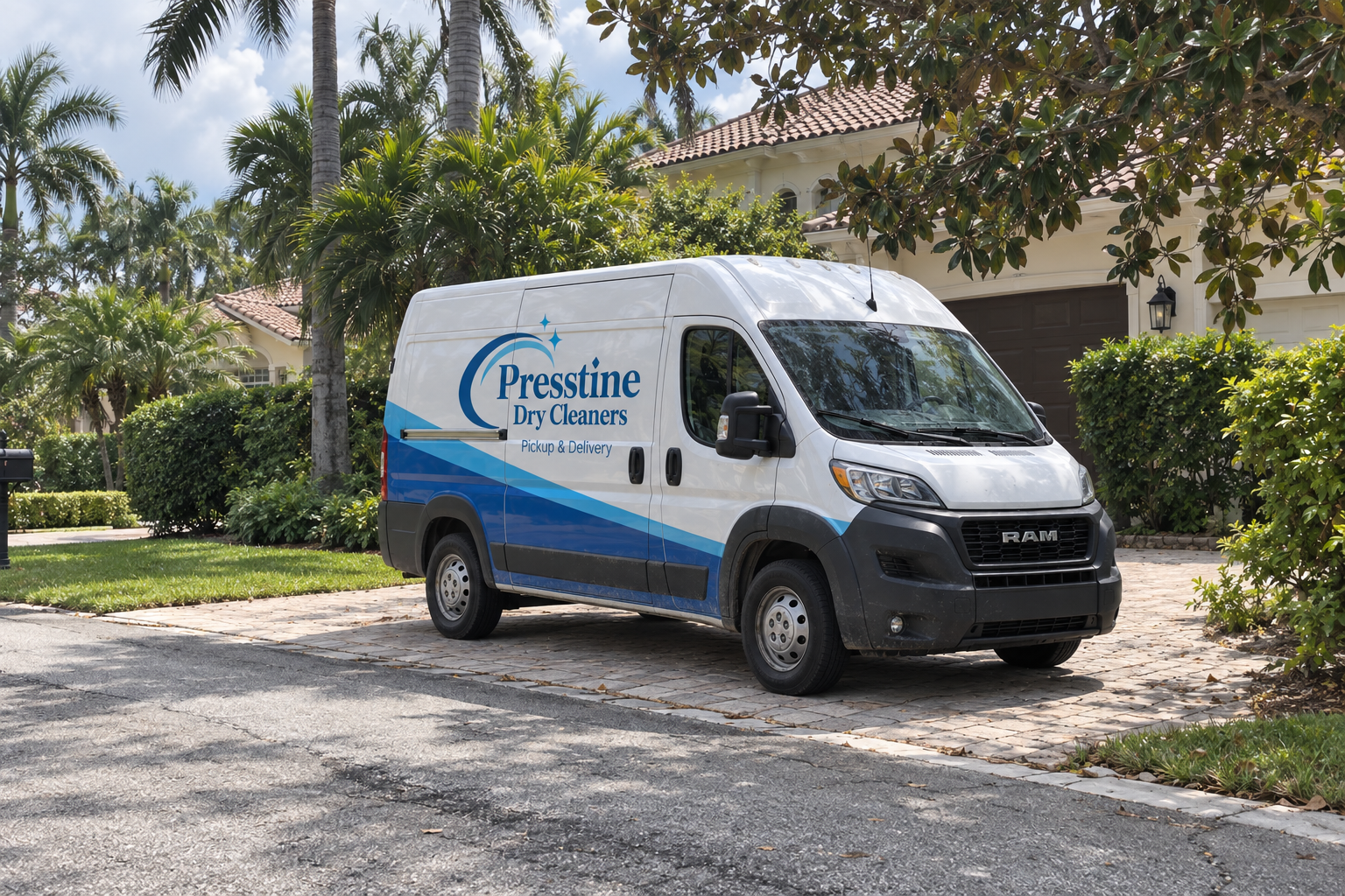 Presstine Dry Cleaners pickup and delivery van at a Boca Raton home